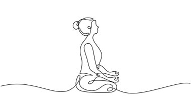 Oturmuş yoga pozu veren bir kadın çizgisi. Lotus pozisyonunda poz veren bir kız. Minimalist vektör denge ve refahı simgeliyor. Düzenlenebilir vuruş vektörü illüstrasyonu.