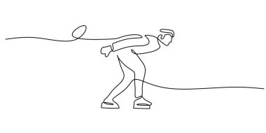 Hız patencisi iş başında, sürekli bir çizgi çiziyor. Buz pateni kış sporları, hız ve spor müsabakaları kavramı. Bir spor öğesi için minimalist vektör.