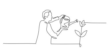 Biri bitkiyi suluyor, sürekli tek bir çizgi çiziyor. Bakımı ve büyümeyi sembolize eden, doğa ve çevre koruma kavramına geri dönen bir adam..