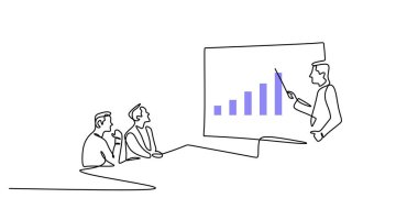 Bir iş sunumu çizimi. Meslektaşlar dinlerken baro çizelgesini gösteren bir adam. Mavi büyüme grafiği olan minimalist bir tarz. Takım çalışmasını, analizi ve başarıyı temsil eder.