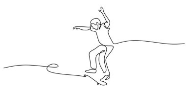 Kaykaycı hareket halinde, sürekli bir çizgi çiziyor. Şehir kültürü ve gençlik eğlencesi konsepti. Düzenlenebilir vuruş ve akış çizgisi sanatı ile vektör illüstrasyon minimalisti.