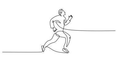 Koşan bir insanın minimalist bir çizimi. Fitness, sağlık ve aktif bir yaşam tarzını temsil eden basit bir illüstrasyon. Düzenlenebilir darbeyle sürekli tek el çizimi.