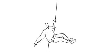 İpten iple inen bir kişi, bir çizgi çiziyor. Dağcılık, macera ve ekstrem spor kavramı. Açık hava etkinliği markası için minimalist vektör tasarımı.
