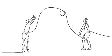 Voleybol oyuncuları sürekli tek çizgi çizerek topu geçiriyorlar. Takım çalışmasını, plaj aktivitesini ve sporu temsil eden vektör illüstrasyonu. Minimalist el çizimi sembolü.