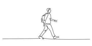 Sırt çantasıyla yürüyen bir öğrencinin sürekli bir çizimi. Düzenlenebilir felçli minimalist vektör illüstrasyon tasarımı ögesi.