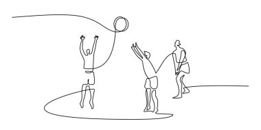 Voleybol oynayan insanlar tek çizgi çiziyor. Takım çalışması ve plaj sporları konsepti. Vektör illüstrasyonu minimalist tasarım el çizimi.