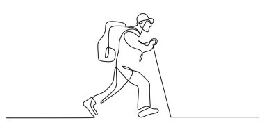 Sırt çantalı ve sırıklı bir yürüyüşçü, sürekli bir çizgi çiziyor. Macera kavramı, açık hava keşfi ve doğa. Minimalist vektör seyahati veya yürüyüş kulübü sembolü.