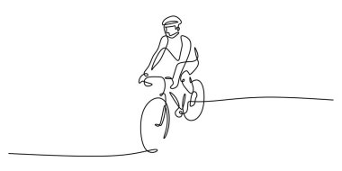 Bisiklet süren bir kişinin kesintisiz çizimi. Sağlıklı spor, çevre dostu ulaşım ve aktif yaşam tarzının sembolü. Minimalist vektör illüstrasyonu.