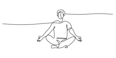 Nilüfer duruşu içinde meditasyon yapan bir kişinin sürekli çizimi. Yoga, farkındalık ve rahatlama kavramı. Düzenlenebilir felçli minimalist vektör çizimi.