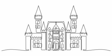Devamlı büyük bir masal kalesinin çizimleri. Fanteziyi, sihirli krallığı ve krallığı sembolize ediyor. Düzenlenebilir felçli bir hikaye kitabı için minimalist vektör çizimi.