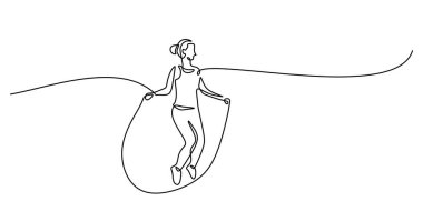 İp atlayan genç bir kızın minimalist bir çizimi. Çocukluğu temsil eden basit bir nesne, eğlenceli bir egzersiz ve eğlenceli bir aktivite. Düzenlenebilir darbeyle sürekli tek el çizimi.