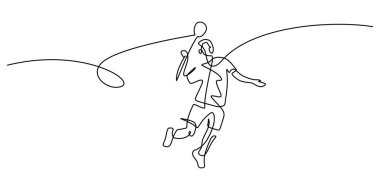 Badminton oyuncusu smaç için zıplıyor, tek çizgi çiziyor. Raket sporu, çeviklik ve rekabet kavramı. Bir spor turnuvası veya kulüp için minimalist vektör tasarımı.