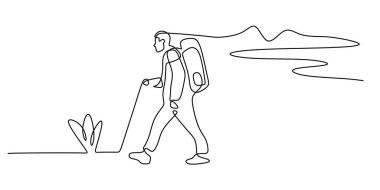 Sırt çantasıyla doğa yürüyüşü yapan bir yürüyüşçünün sürekli bir çizimi. Minimalist vektör açık hava macerası, seyahat ve keşfi temsil ediyor.