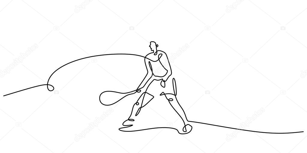 Continuous one line drawing of a tennis player swinging a racket. Minimalist vector illustration representing action, fitness, and competition.