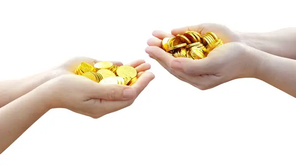 Gold Coin Woman Hand Holding Isolated White — Stock Photo, Image