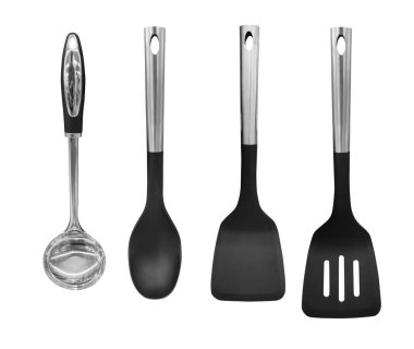 Ladle, Turner, mutfak aletleri beyaza izole edilmiş.