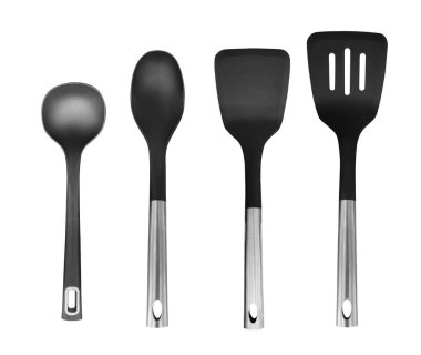Ladle, Turner, mutfak aletleri beyaza izole edilmiş.