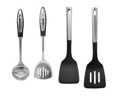 Ladle, Turner, mutfak aletleri beyaza izole edilmiş.