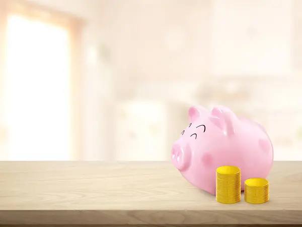 Piggy bank with pile of gold coins on wooden table in house