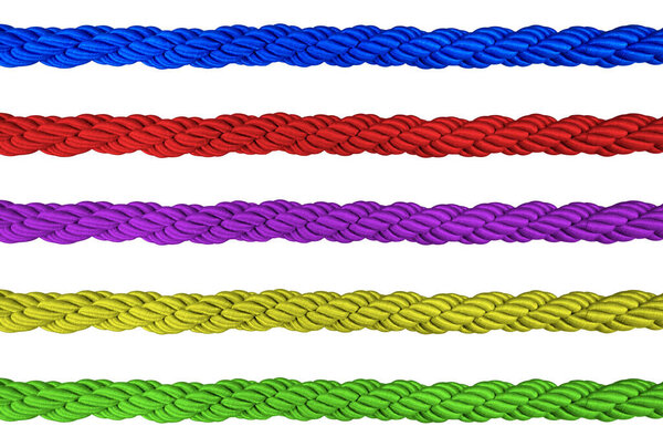 Green, red, blue, purple, yellow ropes, isolated on white background.