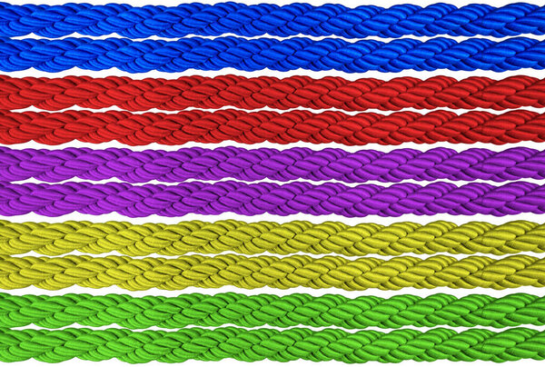 Green, red, blue, purple, yellow ropes, isolated on white background.