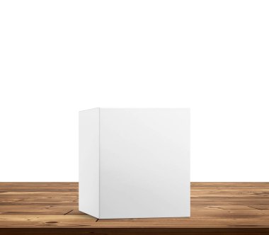 Boş kutu ürün paketleme kutusu. Tahta bir masa üzerinde, beyaz arkaplan..