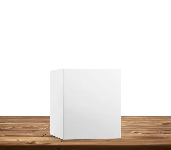 Empty box product packaging box mockup on a wooden table, white background.