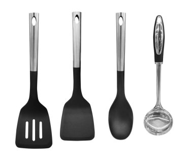 Ladle, Turner, mutfak aletleri beyaza izole edilmiş.