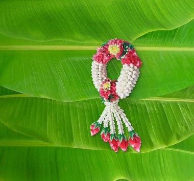 El yapımı yasemin çelengi, Tayland 'da Anneler Günü' nün sembolü. muz yaprağı arka planı