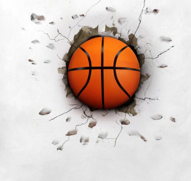 The basketball pierced the white wall with mighty power. clipart