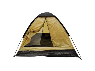 Siyah ve sarı seyahat çadırı beyaz arka planda izole