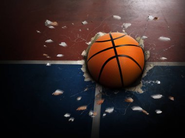 Basketbol topu büyük bir güçle basketbol sahasının yüzeyini deldi..