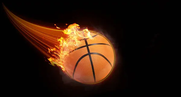 Basketball flying with lightning fast magic effect in black background orange flame.