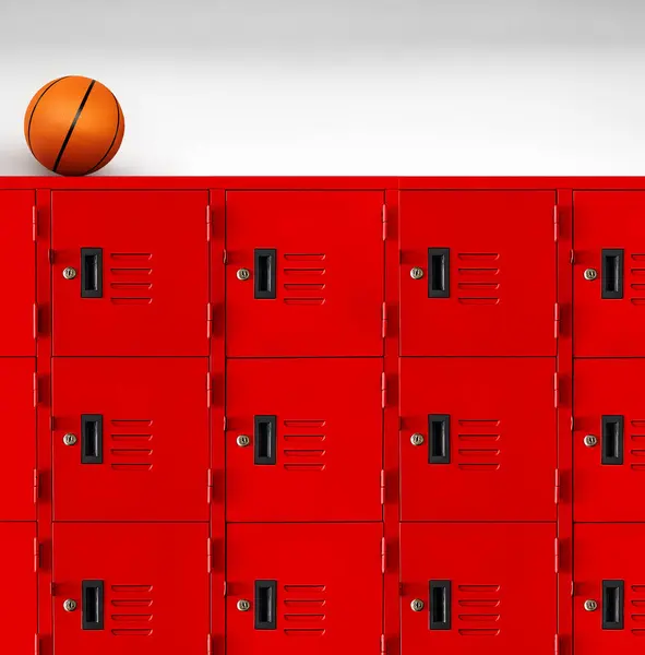 Basketbal Červené Skříňce Tělocvičně — Stock fotografie