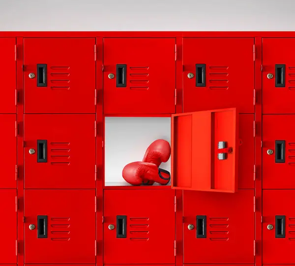boxing gloves in a red locker Inside the gym room