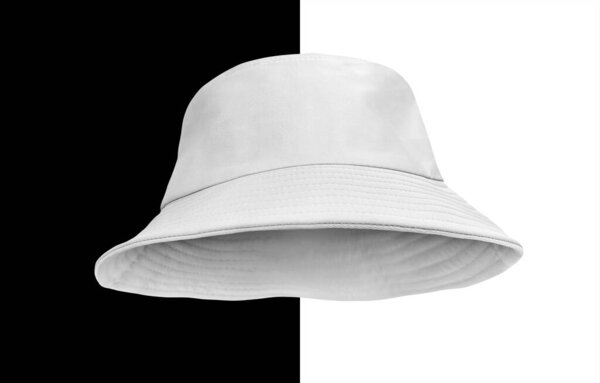 white bucket hat isolated on black and white background