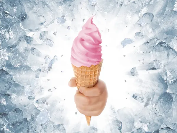 Soft ice cream in hand on background of broken ice