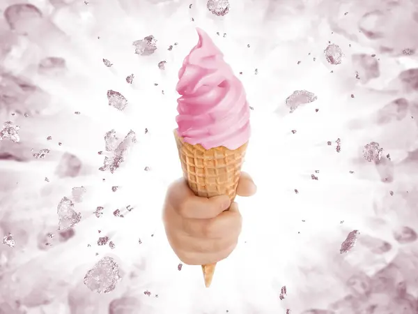 Soft ice cream in hand on background of broken ice