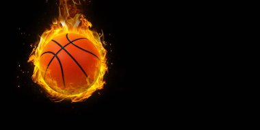 Siyah arka planda izole edilmiş basketbol topu yanıyor.