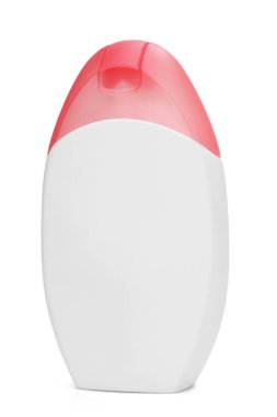Beyaz arkaplanda izole edilmiş boş beyaz plastik şişe.