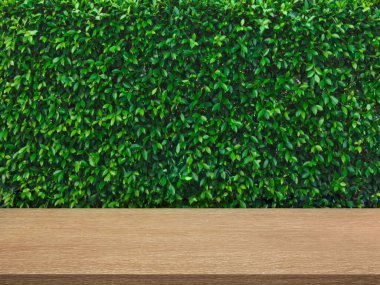 Boş ahşap masa, ürün ve ürünlerin sergilenmesi için yemyeşil çalı arka plan.