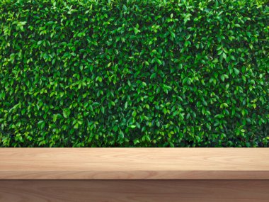 Boş ahşap masa, yemyeşil çalı arka plan.