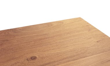 Beyaz arkaplanda izole edilmiş ahşap ya da tahta masa üst köşesi görüntüsü.