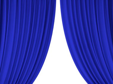 İki ucu bağlı iki mavi perde, beyaz bir arkaplanda ayrılmış..