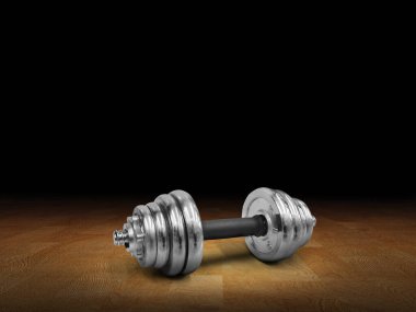 Tahta zemine yerleştirilmiş gümüş halterlerin yan görünüşü, siyah arkaplan.