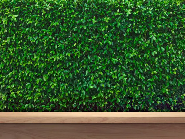 Boş ahşap masa, ürün yerleştirme için yemyeşil çalı arka plan.