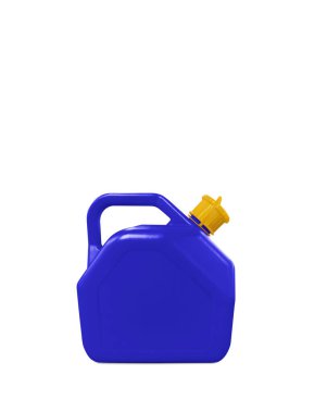 Beyaz arkaplanda mavi plastik yağ galonu.