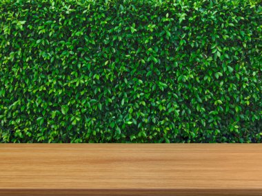 Boş ahşap masa, yeşil çalı arka plan.