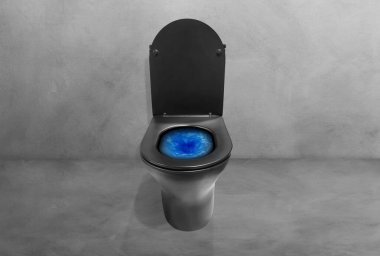 Tuvaletin önü. Banyodaki kaseye mavi deterjan dökülüyor..