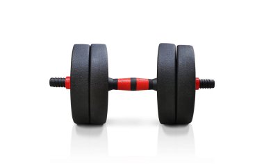Beyaz arkaplanda kırmızı ve siyah halterler izole edildi.